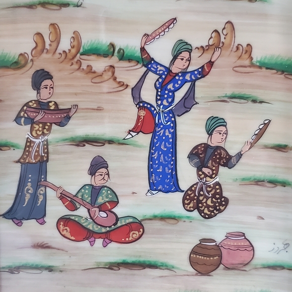 Vintage Iranian Persian Painting Hunting Scene Musicians Khatam Marquetry Frame - Picture 4 of 13